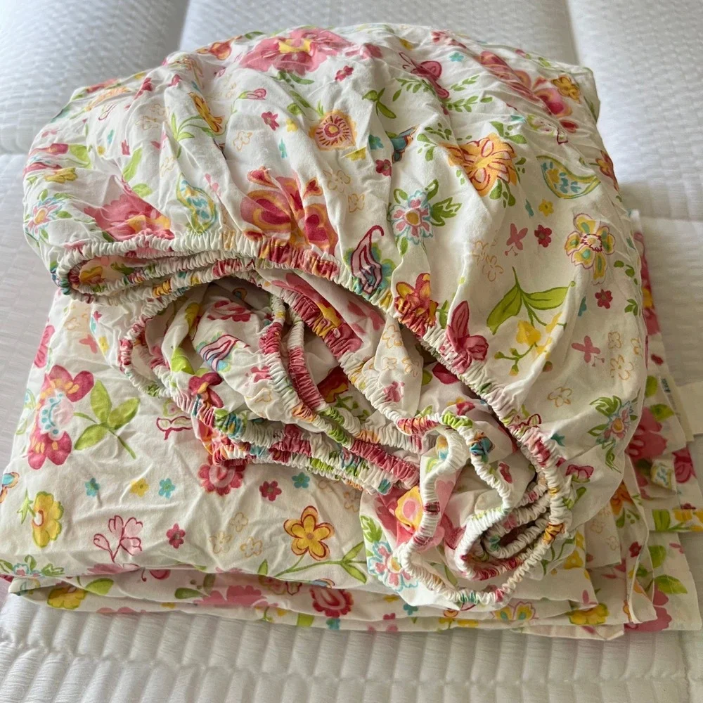 Vtg. Pottery Barn Kids Queen Sheet Set Cotton Floral Paisley Garden Party USA